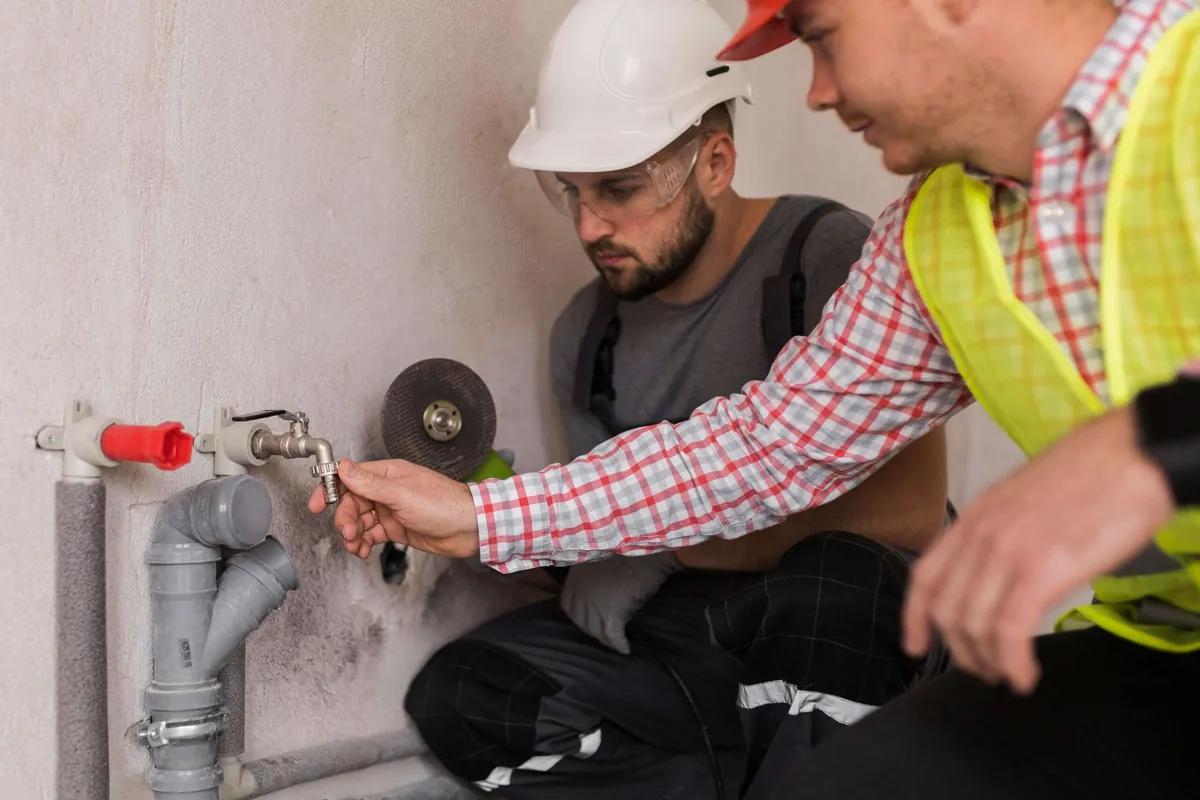 Two technicians inspecting a leaking water pipe